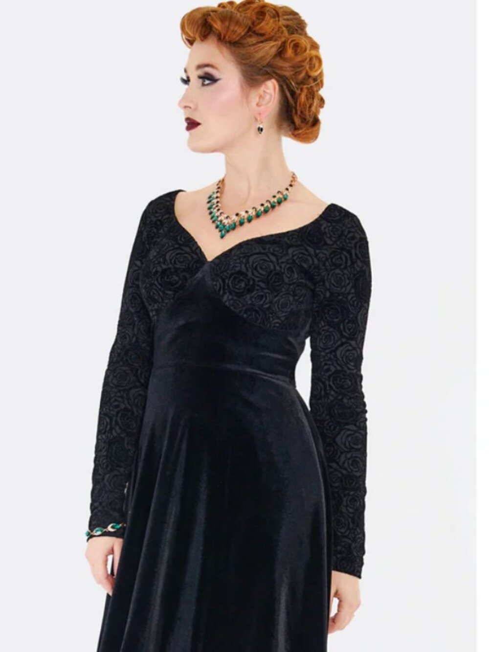 Voodoo Vixen Black Rose Embossed Velvet Swing Dress XS